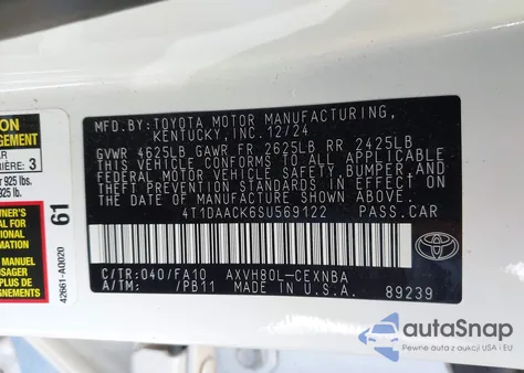 2025 Toyota Camry Le z USA, uszkodzony, nr VIN 4T1DAACK6SU569122